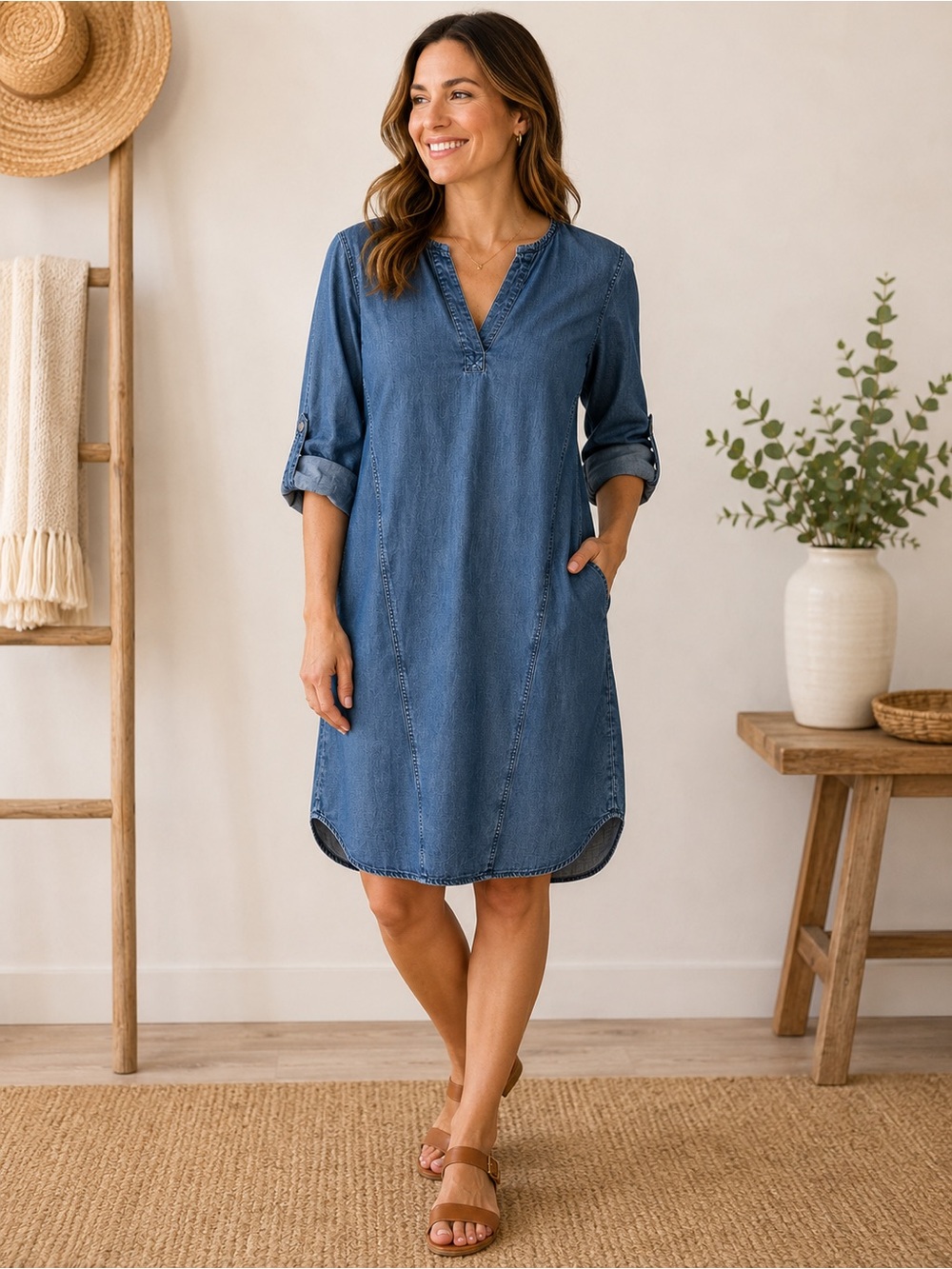 cloth & stone Indigo Denim V‑Neck Mini Dress